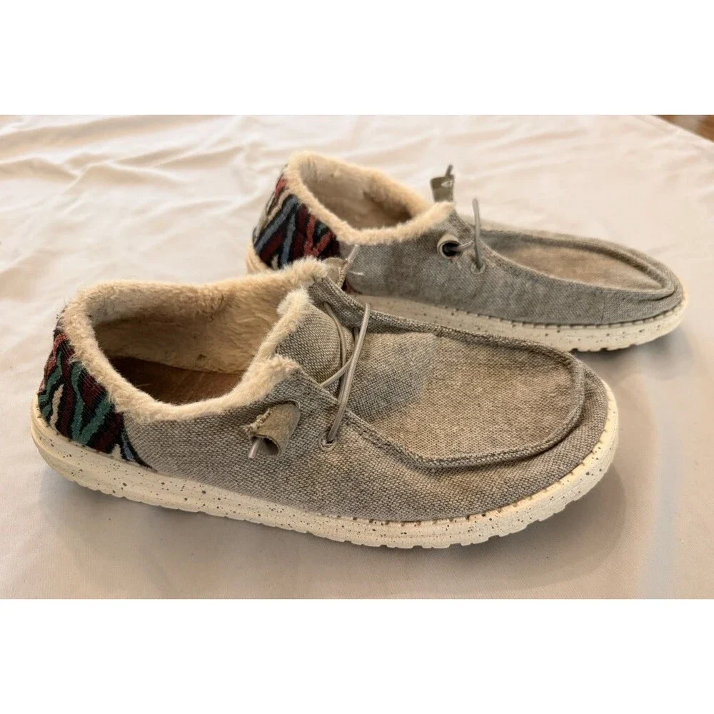 HEYDUDE Wendy Funk Wool Gray Faux Fur Lined Lightweight Loafer US 9 EU 40